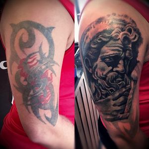 after a years worth of lazor treatment i had my 1st sitting of a greek themed cover up. #greek #coverup #blackandgrey #realistic 