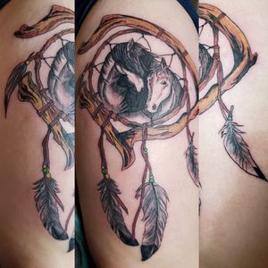 Dreamcatcher with 2 horse heads for her aunt and uncle.  Up all night doing this since we didn't start until midnight, but when someone drives from West Virginia to Michigan for a tattoo... they get that tattoo when they want lol.  Like and follow me @tattooedbyjesse FB, IG, SC, pinterest, tumblr, twitter, tattoodo app, and for my artist page;  www.facebook.com/tattooedbyjesse #TattooedByJesse #comegetsomeink #loyaltytattoocompany #dynamicblack #eternalinks #dreamcatcher #Horses #feathers 