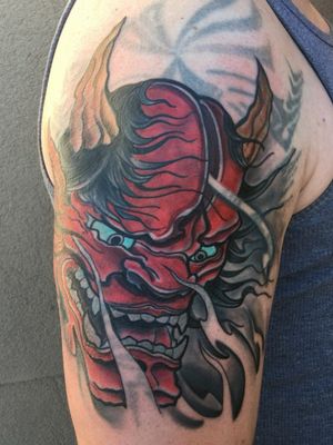 #hannya #hannyamask #hannyatattooThis is a started cover up and beginning of the new sleeve. 