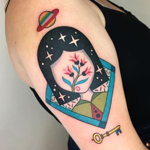 Tattoo by Winston the Whale #WinstontheWhale #besttattoos #portrait #ladyhead #surreal #flowers #floral #stars #saturn #shape #key