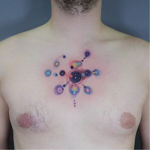 Tattoo by Aknowi #Aknowi #besttattoos #watercolor #solarsystem #planets #color #abstract #stars #galaxy #chestpiece
