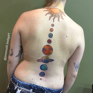 Solar System • #tattoo #tatuagem #tatuagemfeminina #backtattoo #solarsystem #solarsystemtattoo #planets #planet #planetstattoo #planettattoo #colorfultattoo #suntattoo #sun #earth #mars #venus #jupter 