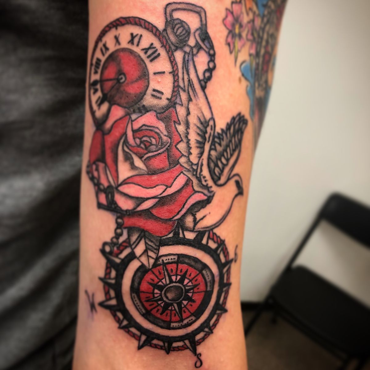 Tattoo uploaded by Toon Town Ink • Compass Clock Rose Bird • Tattoodo