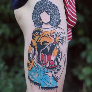 Tattoo by Patryk Hilston #PatrykHilton #besttattoos #portrait #lady #pinup #tiger #popart #style #fashion #cool #cat #junglecat #color #illustrative