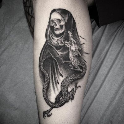 Tattoo by Nathan Kostechko #NathanKostechko #detailedtattoos #detailed #intricate #reaper #skeleton #skull #dragon #death #japanese