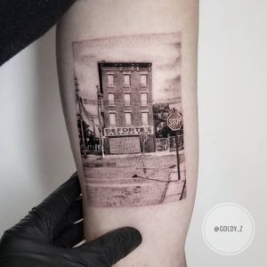 Tattoo by Goldy Z #GoldyZ #detailedtattoos #detailed #intricate #sandwich #defontes #Brooklyn #landscape #NYC #building #architecture