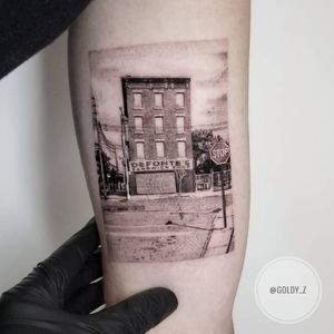 Tattoo by Goldy Z #GoldyZ #detailedtattoos #detailed #intricate #sandwich #defontes #Brooklyn #landscape #NYC #building #architecture