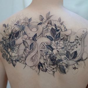 Tattoo by Zihwa #Zihwa #detailedtattoos #detailed #intricate #snake #reptile #flowers #floral #skeleton #leaves #nature