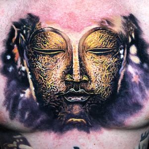 Tattoo by Steve Butcher #SteveButcher #Buddhisttattoos #Buddhist #Buddha #meditation #mindfulness #peace #love #compassion #gold #sculpture #painterly #portrait