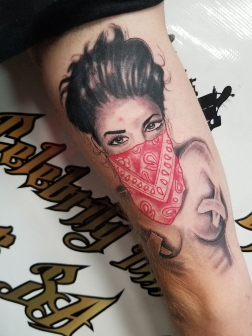 Tattoo Uploaded By Celebrity Ink Of Sa Tattoo Art Studio Black And Grey Tattoo With Red Bandana Tattoodo