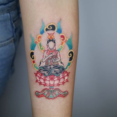Tattoo by Pitta Kkm #Pittakkm #Buddhisttattoos #Buddhist #Buddha #meditation #mindfulness #peace #love #compassion #illustrative #color #lotus #portrait #cloud #mudra