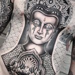 Tattoo by Aries Rhysing #AriesRhysing #Buddhisttattoos #Buddhist #Buddha #meditation #mindfulness #peace #love #mandala #pattern #ornamental #unalome #sacredgeometry #dotwork #portrait #blackandgrey #compassion