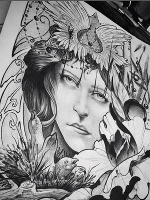 This piece is available for tattoo. As with most of my work the bigger the better. Think front torso, back, or thigh.  I leave this for you to create your own story behind, maybe you can recognize yourself in it.#artnouveau #drawing #scetch #darkart #dark #nature #artist #femalefigure #Yoricktattoo #tattoo #dtink #austin #houston #dallas #sanantonio #texas #blackandgrey #blackwork #blackworker #nature #birds #blood #tattoooftheday 