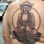 Tattoo by Loz Thomas #LozThomas #Buddhisttattoos #Buddhist #Buddha #meditation #mindfulness #peace #love #compassion #illustrative #lotus #light #thirdeye #backpiece #linework