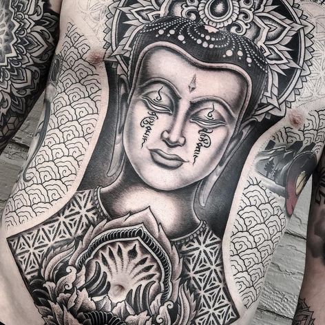 Tattoo by Aries Rhysing #AriesRhysing #Buddhisttattoos #Buddhist #Buddha #meditation #mindfulness #peace #love #mandala #pattern #ornamental #unalome #sacredgeometry #dotwork #portrait #black gray #compassion