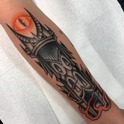 Tattoo by Kyle Hath #KyleHath #architecturetattoos #architecture #building #house #LordoftheRings #eye #fire #tower #darktower #barardur #darkart #fantasy