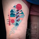 Tattoo by Chris Rigoni #ChrisRigoni #architecturetattoos #architecture #building #house #lighthouse #ocean #sailboat #boat #text #script #font #clouds #color #abstract