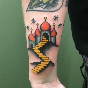 Tattoo by Jay Soos #JaySoos #architecturetattoos #architecture #building #house #castle #stairway #stars #landscape #color #traditional