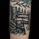 Tattoo by Alex Zampirri aka AZamp #AlexZampirri #AZamp #architecturetattoos #architecture #building #house #FallingWater #FrankLloydWright #blackandgrey #traditional #forest #water
