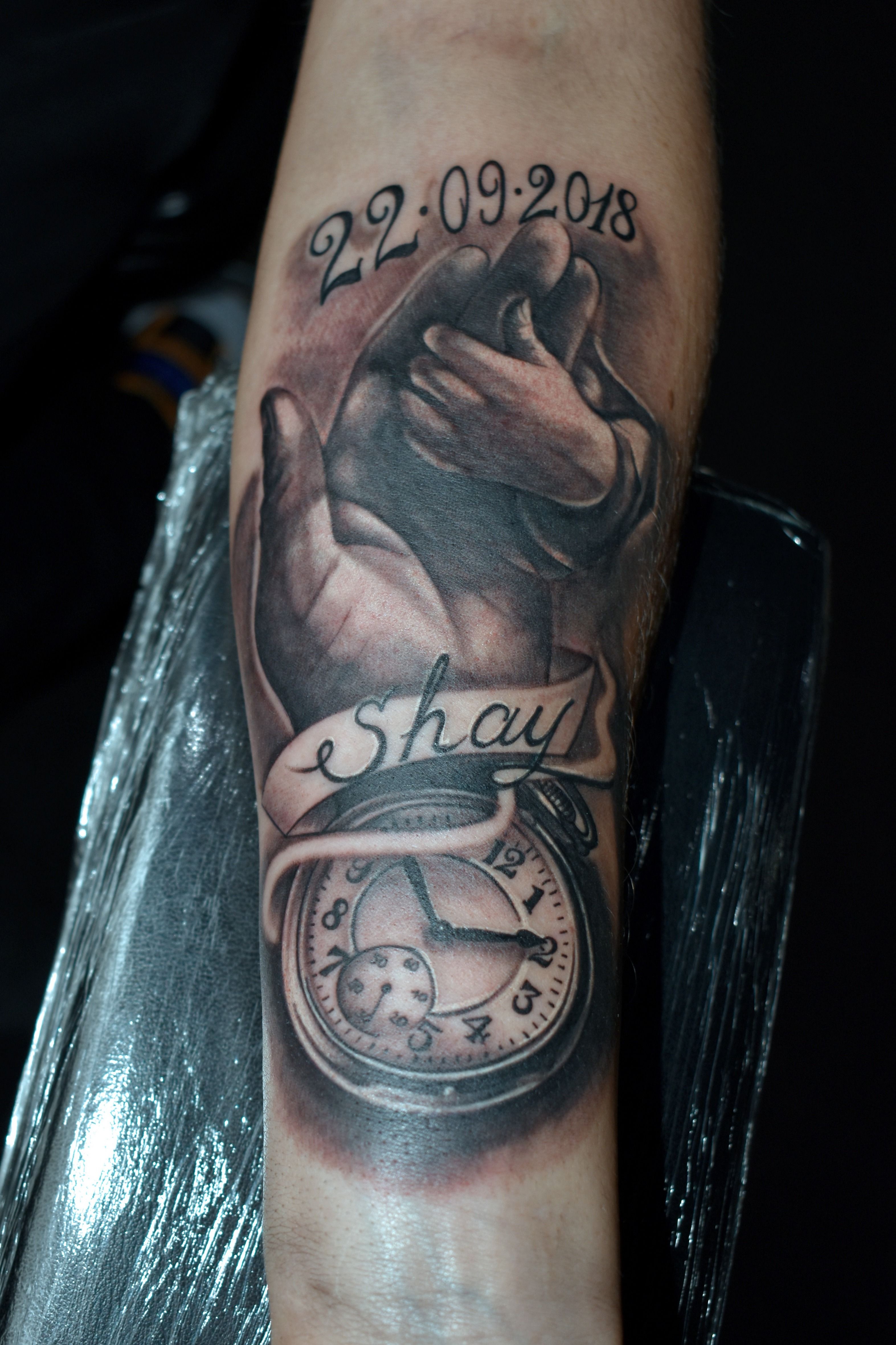 Tattoo uploaded by Chris Dreadfullrat • customer's tribute to his newborn,  from his family photo! #blackandgrey #newborn #child #baby #hands  #pocketwatch #family #father • Tattoodo