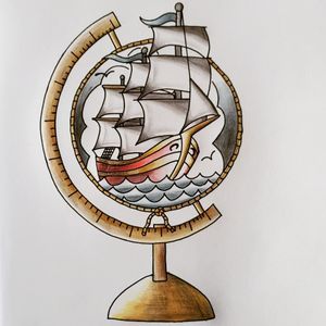 Coloured clipper ship in a globe traditional 