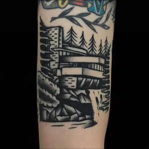 Tattoo by Alex Zampirri aka AZamp #AlexZampirri #AZamp #architecturetattoos #architecture #building #house #FallingWater #FrankLloydWright #blackandgrey #traditional #forest #water