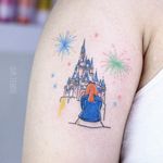 Tattoo by M Tendo #MTendo #architecturetattoos #architecture #building #house #Disney #castle #girl #portrait #fireworks #linework #illustrative #color #watercolor