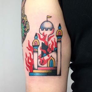 Tattoo by Damn Zippy #DamnZippy #architecturetattoos #architecture #building #house #castle #stairway #stars #landscape #color #traditional #fire