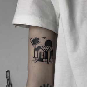 Tattoo uploaded by Tattoodo • Tattoo by Andrei Ylita aka ylitenzo  #AndreiYlita #ylitenzo #architecturetattoos #architecture #building #house  #sun #palmtree #tree #birds #surfboard #beachouse #beach • Tattoodo