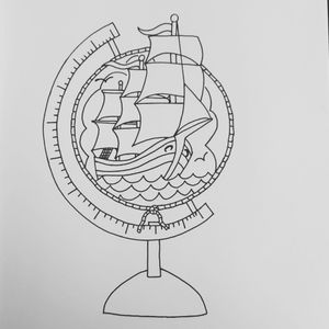 Traditional clipper ship in a globe outline.