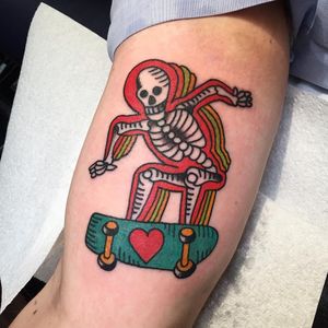 Tattoo by Goreart #Goreart #skateboardingtattoos #skatetattoos #skateboarding #skateboard #skateordie #thrasher #skeleton #skull #death #heart #love
