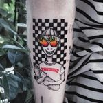 Tattoo by Nicole Sedef #NicoleSedef #skateboardingtattoos #skatetattoos #skateboarding #skateboard #skateordie #thrasher #fire #portrait #checkerboard #checker #skatekid