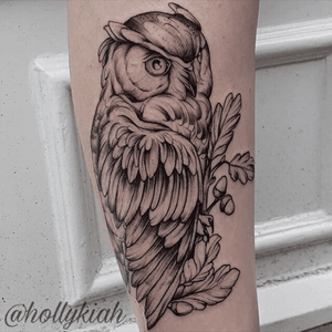 Done by Aimee Bray at Fox and Dagger tattoo, Ormskirk. 🦉🌿 #owl #owltattoo #blackandgrey #blackwork #oak #acorn #magical #night #dark #eagleowl 