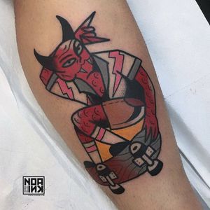 Tattoo by Ian Tattooing #IanTattooing #skateboardingtattoos #skatetattoos #skateboarding #skateboard #skateordie #thrasher #satan #devil #hell #lighteningbolt