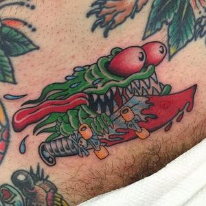 Tattoo by Shaun Topper #ShaunTopper #skateboardingtattoos #skatetattoos #skateboarding #skateboard #skateordie #thrasher #SantaCruz #knife #crazy #weirdo #blood #skullandcrossbones #skull