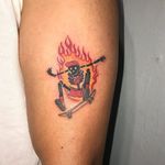 Tattoo by Mick Hee #MickHee#skateboardingtattoos #skatetattoos #skateboarding #skateboard #skateordie #thrasher #illustrative #skeleton #skull #fire #death