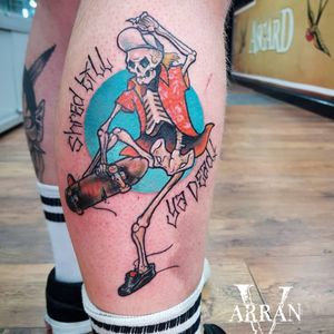 Tattoo by Arran V #ArranV #skateboardingtattoos #skatetattoos #skateboarding #skateboard #skateordie #thrasher #skeleton #skull #lettering