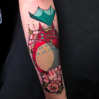 Tattoo by Igor Puente #IgorPuente #StudioGhiblitattoo #StudioGhibli #anime #manga #cartoon #newschool #movietattoo #filmtattoo #Totoro #forestspirit #umbrella #flowers #floral #cherryblossoms #surreal #strange
