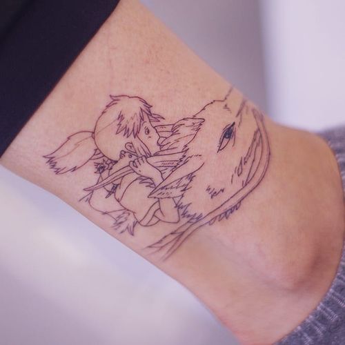 Tattoo by Seoneon #Seoneon #StudioGhiblitattoo #StudioGhibli #anime #manga #cartoon #newschool #movietattoo #filmtattoo #SpiritedAway #Haku #Chihiro #dragon #portrait #fineline #Linework #illustrative