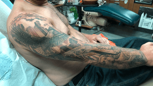 Guy English- work in progress.   The bottom part of his arm is a tribute to his son, who was lost to suicide.  