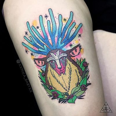 Tattoo by Mika Baby #MikaBaby #StudioGhiblitattoo #StudioGhibli #anime #manga #cartoon #newschool #movietattoo #filmtattoo #PrincessMononoke #forestspirit #flowers #floral #magic #stars #color #portrait