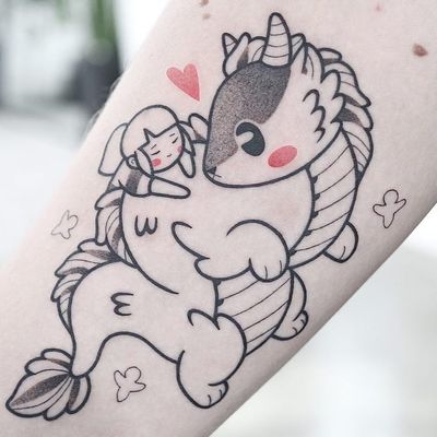 Tattoo by Hugocide #Hugocide #StudioGhiblitattoo #StudioGhibli #anime #manga #cartoon #newschool #movietattoo #filmtattoo #SpiritedAway #Chihiro #Haku #dragon #portrait #birds #love #friends