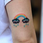 Tattoo by Zzizzi #Zzizzi #tinytattoo #tiny #smalltattoo #small #rainbow #text #love #hate #rain #cloud #handpoke