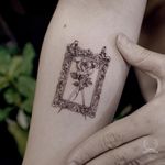 Tattoo by Zihwa #Zihwa #tinytattoo #tiny #smalltattoo #small #illustrative #swords #frame #filigree #flower #rose #leaves #nature #fineline