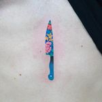 Tattoo by Zihee #Zihee #tinytattoo #tiny #smalltattoo #small #sword #flower #floral #rose #leaves #nature #knife