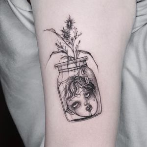 Tattoo by Zihae #Zihae #favoritetattoos #favorite #best #cool #illustrative #glass #bottle #severedhead #flower #floral #blood #linework #fineline