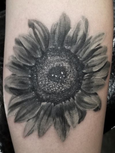 Sunflower. #sunflower #sunflowertattoo #realism #realistictattoo #blackandgrey #blackandgreytattoo #girlswithtattoos #knoxville #knoxvilletattoo