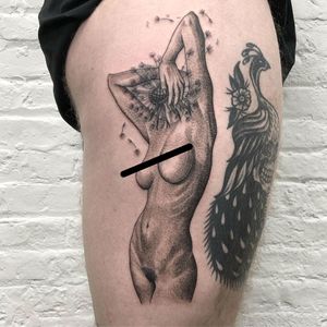 Tattoo by Honeytripper #HoneyTripper #favoritetattoos #favorite #best #cool #illustrative #blackandgrey #dotwork #body #pinup #lady #dandelion #flower #floral