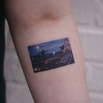 Tattoo by Saegeem #Saegeem #favoritetattoos #favorite #best #cool #watercolor #color #filmstill #film #movietattoo #movie #PerksofBeingaWallflower #city #bridge #car #lights #realism #realistic