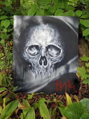 Living death Black and grey acrylics on plywood, autumn vibes. #Skull #painting #acrylicpainting #ink #death #horror #autumn #skulladdict #skullink #lunatic #green #deathhead #whatsyourfavoritescarymovie
